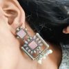 Silver Replica Square Shape Monalisa Stone Stud Dangler Earrings