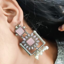 Silver Replica Square Shape Monalisa Stone Stud Dangler Earrings