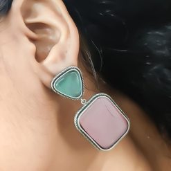 Premium Quality Silver Replica Square Monalisa Stone Stud Earrings