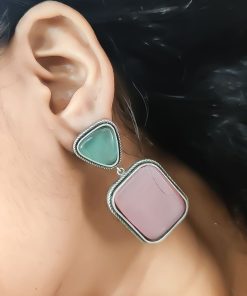 Premium Quality Silver Replica Square Monalisa Stone Stud Earrings