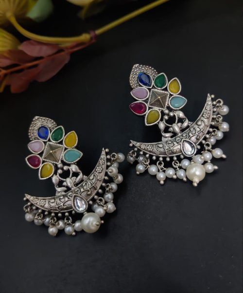 Oxidised Designer Stud Earring with Silver Look Like Replica Plated - Image 8