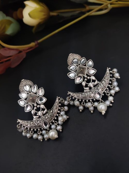 Oxidised Designer Stud Earring with Silver Look Like Replica Plated - Image 7