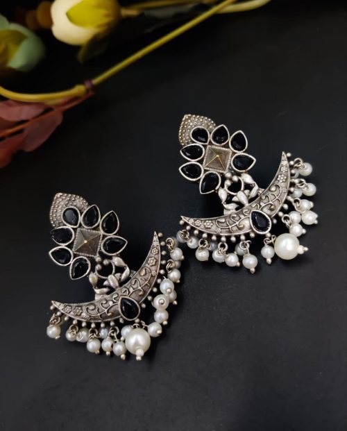 Oxidised Designer Stud Earring with Silver Look Like Replica Plated - Image 6