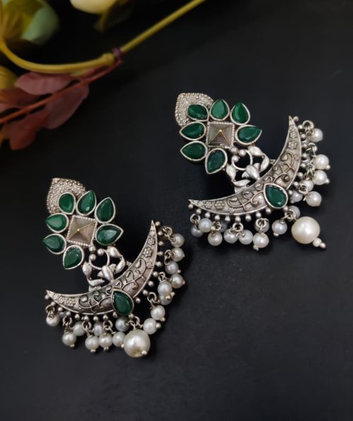Oxidised Designer Stud Earring with Silver Look Like Replica Plated - Image 3