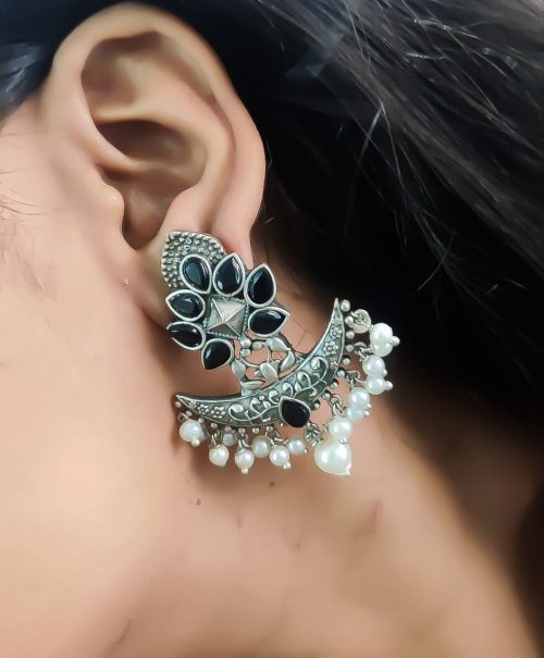 Oxidised Designer Stud Earring with Silver Look Like Replica Plated