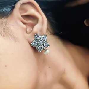 Silver Replica Flower Design Stud Earrings With Pearl & Stone Work