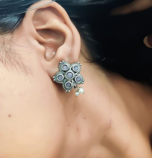 Silver Replica Stud Earrings With Pearl & Stone Work