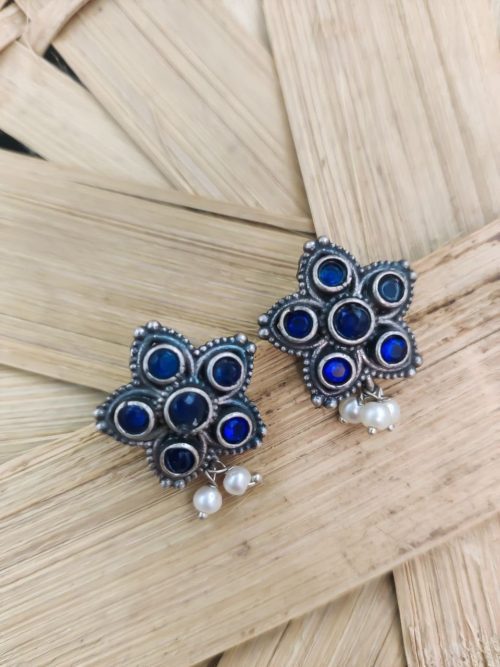 Silver Replica Stud Earrings With Pearl & Stone Work