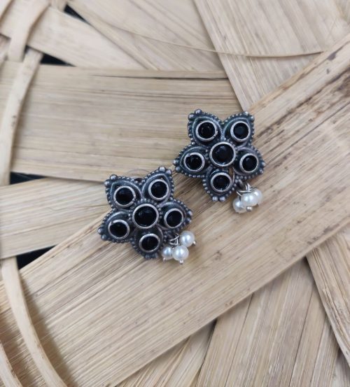 Silver Replica Stud Earrings With Pearl & Stone Work