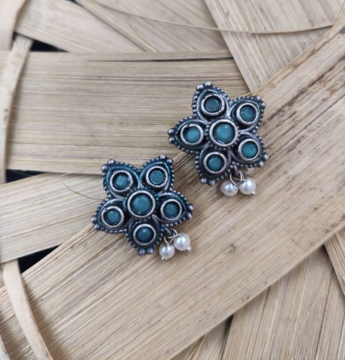 Silver Replica Stud Earrings With Pearl & Stone Work
