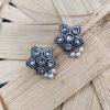 Silver Replica Stud Earrings With Pearl & Stone Work