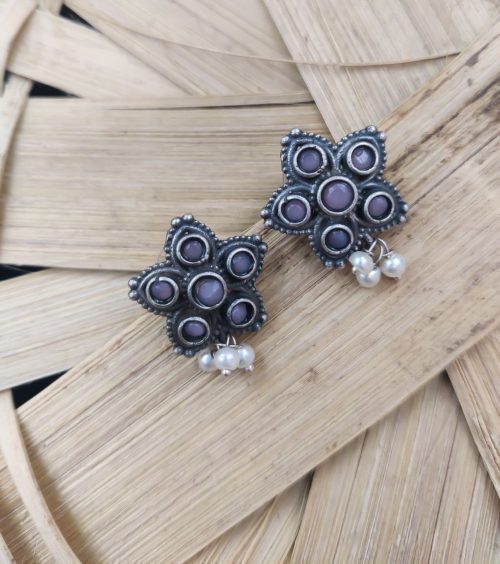 Silver Replica Stud Earrings With Pearl & Stone Work