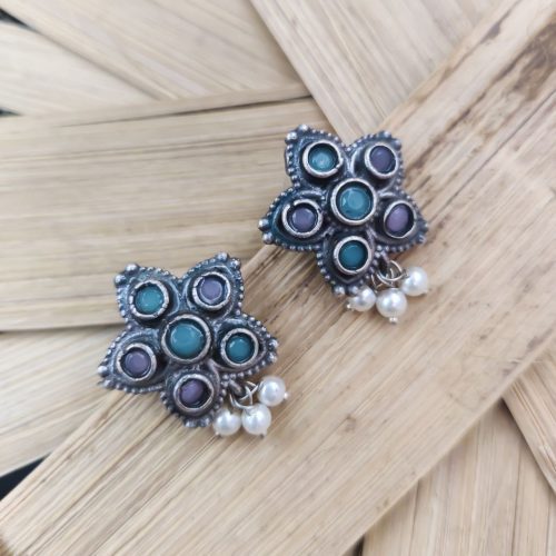 Silver Replica Stud Earrings With Pearl & Stone Work