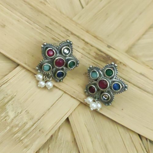 Adorable Silver Replica Stud Earrings With Pearl & Stone Work - Image 11