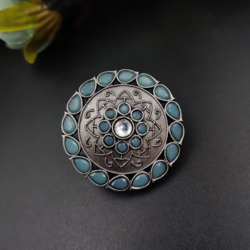 Antique Silver Replica Round Shape Stone Work Adjustable Rings For Girls - Image 7