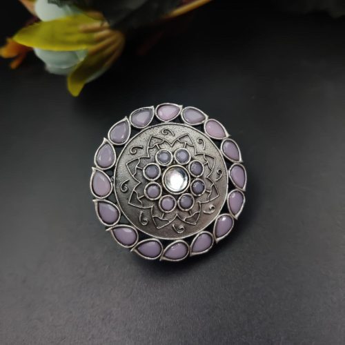 Antique Silver Replica Round Shape Stone Work Adjustable Rings For Girls - Image 5
