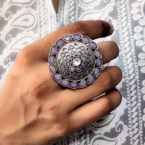 Antique Silver Replica Round Shape Stone Work Adjustable Rings For Girls - Image 4