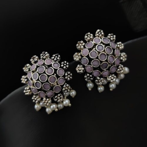 Elegant German Silver Stone Studs with Pearl Work for Girls - Image 12