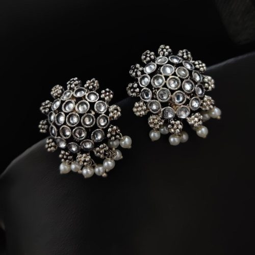 Elegant German Silver Stone Studs with Pearl Work for Girls - Image 13