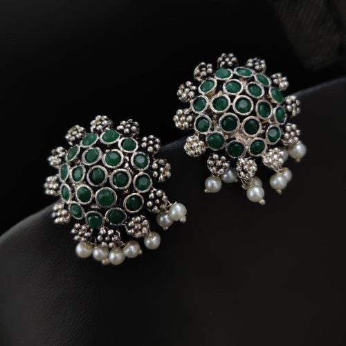 Elegant German Silver Stone Studs with Pearl Work for Girls - Image 11