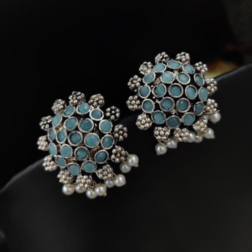 Elegant German Silver Stone Studs with Pearl Work for Girls - Image 9