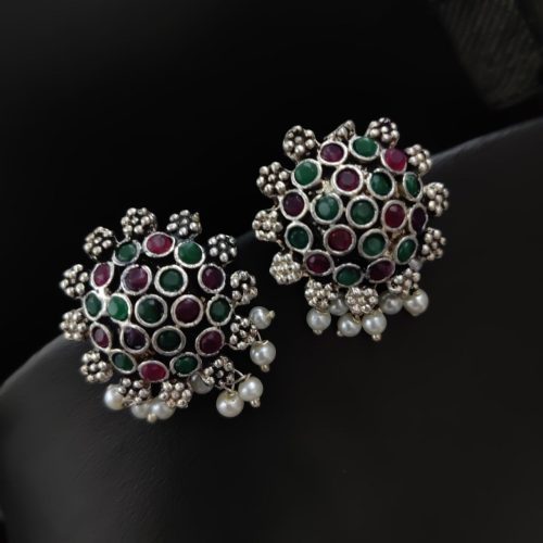 Elegant German Silver Stone Studs with Pearl Work for Girls - Image 8