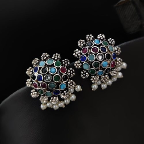 Elegant German Silver Stone Studs with Pearl Work for Girls - Image 6