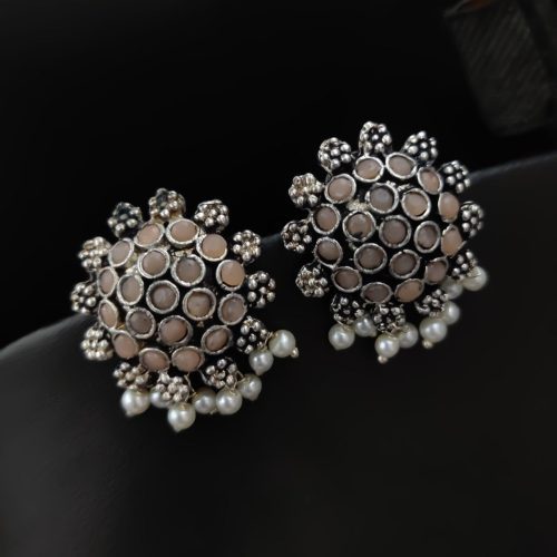 Elegant German Silver Stone Studs with Pearl Work for Girls - Image 7