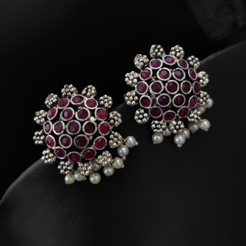 Elegant German Silver Stone Studs with Pearl Work for Girls - Image 5