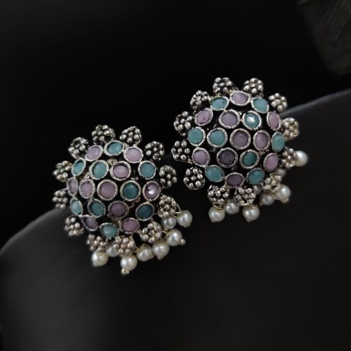 Elegant German Silver Stone Studs with Pearl Work for Girls