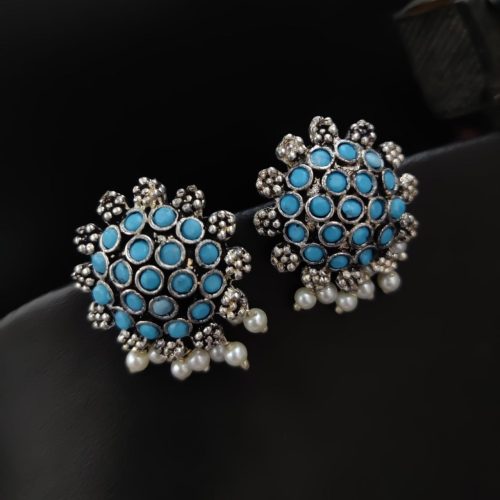 Elegant German Silver Stone Studs with Pearl Work for Girls - Image 4