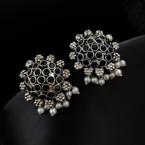 Elegant German Silver Stone Studs with Pearl Work for Girls - Image 2