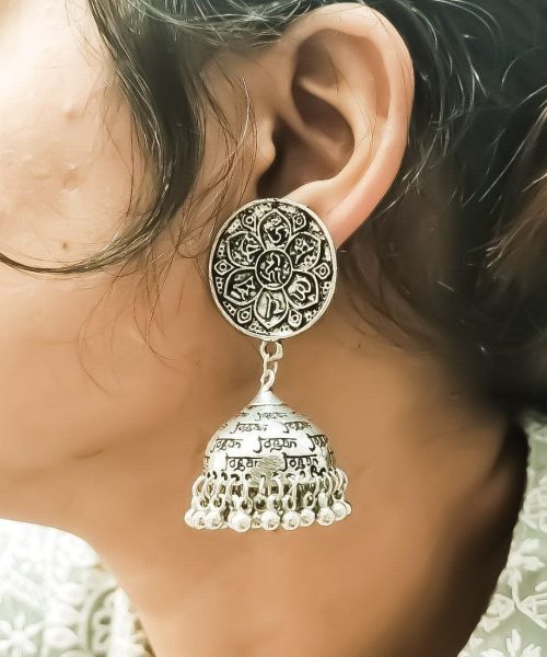 Designer Mantra Jhumka German Silver Oxidised Stud Earrings For Girls