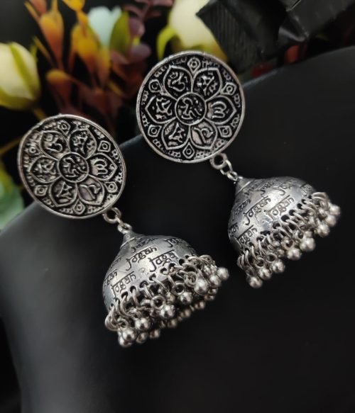 Designer Mantra Jhumka German Silver Oxidised Stud Earrings For Girls - Image 2