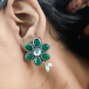 Antique Oxidised Replica Silver Polish Stud Earrings For Girls