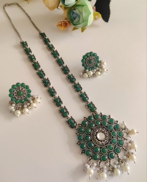 Silver Plated Oxidised Long Chain Necklace Pendent with Matching Earrings - Image 7