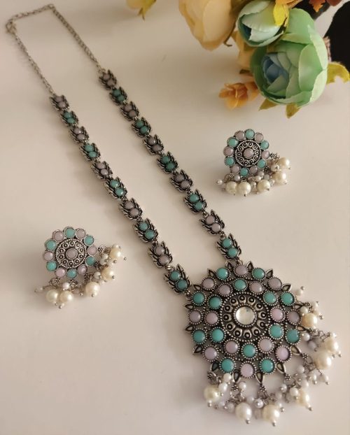 Silver Plated Oxidised Long Chain Necklace Pendent with Matching Earrings
