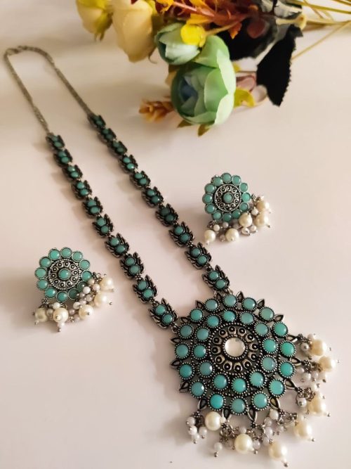 Silver Plated Oxidised Long Chain Necklace Pendent with Matching Earrings - Image 2