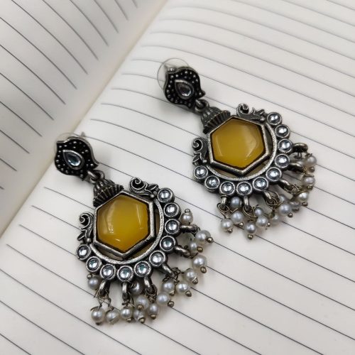 Premium Quality Silver Look Like Replica Monalisa Stone Stud Dangler Earrings - Image 9