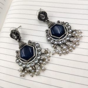 Premium Quality Silver Look Like Replica Monalisa Stone Stud Dangler Earrings - Color: "Blue"