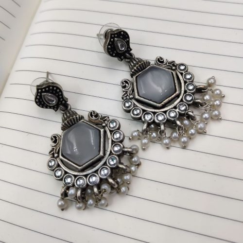 Premium Quality Silver Look Like Replica Monalisa Stone Stud Dangler Earrings - Image 6