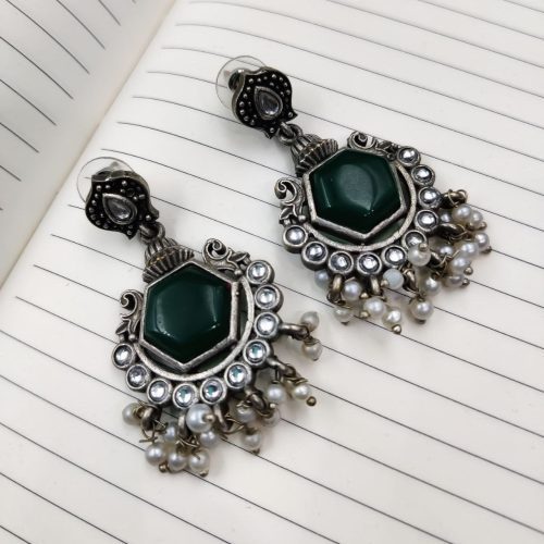 Premium Quality Silver Look Like Replica Monalisa Stone Stud Dangler Earrings - Image 7