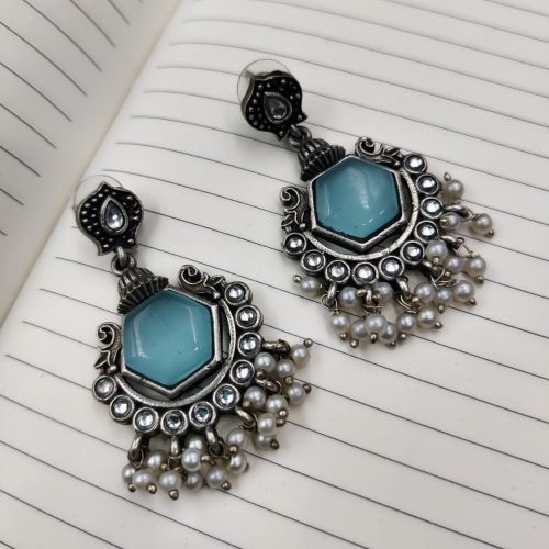 Premium Quality Silver Look Like Replica Monalisa Stone Stud Dangler Earrings - Image 5