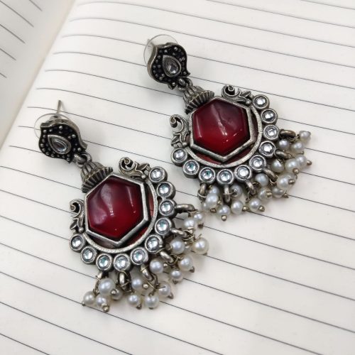 Premium Quality Silver Look Like Replica Monalisa Stone Stud Dangler Earrings - Image 4