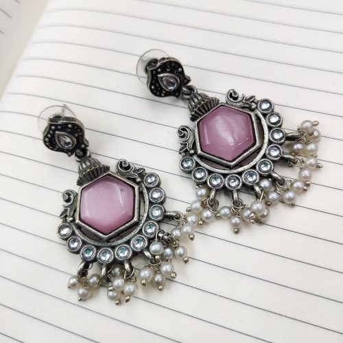 Premium Quality Silver Look Like Replica Monalisa Stone Stud Dangler Earrings - Image 3