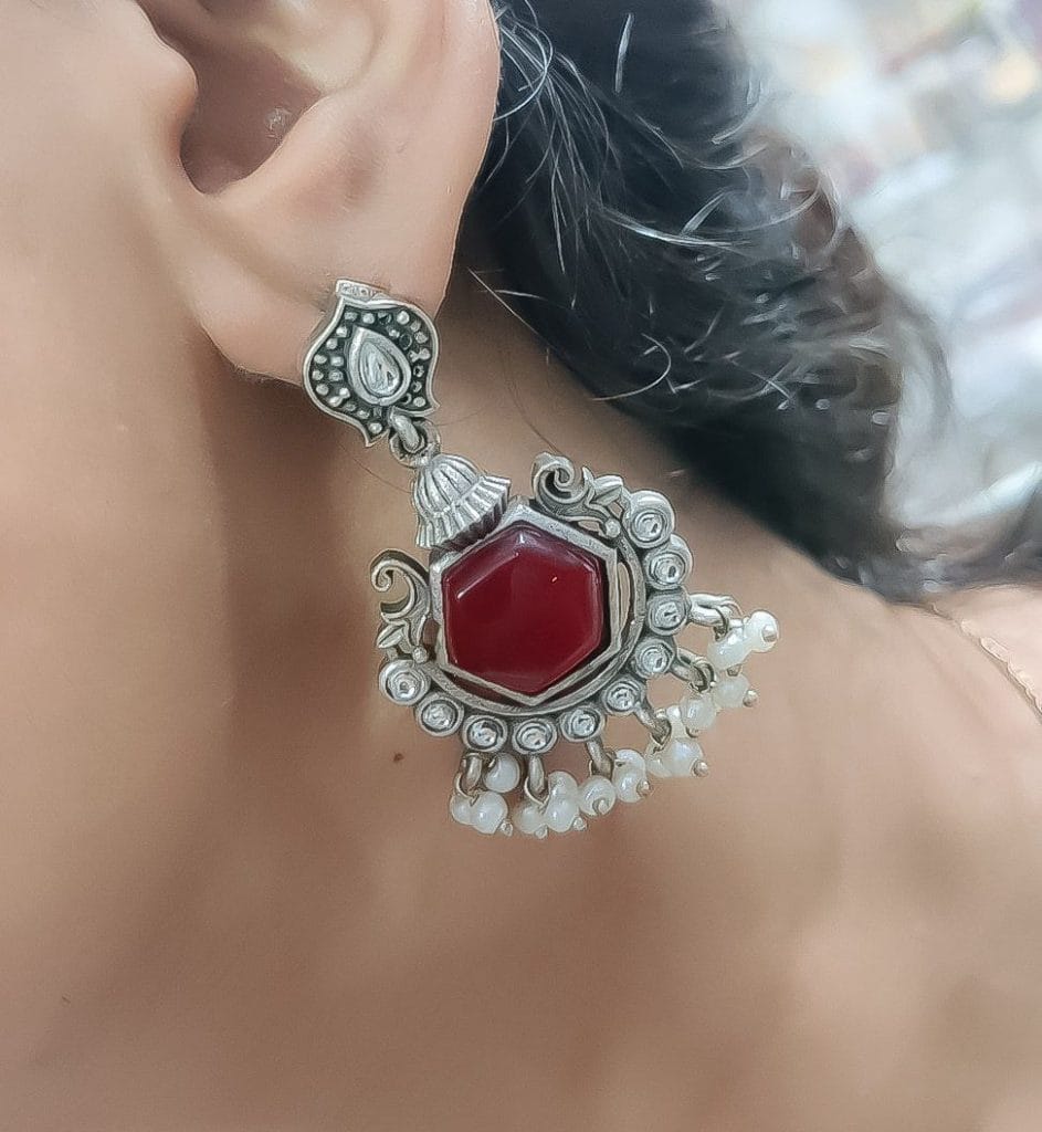 Premium Quality Silver Look Like Replica Monalisa Stone Stud Dangler Earrings