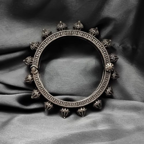 Traditional Silver Replica Kada Bangle | Antique Free Size Bracelet - Image 3