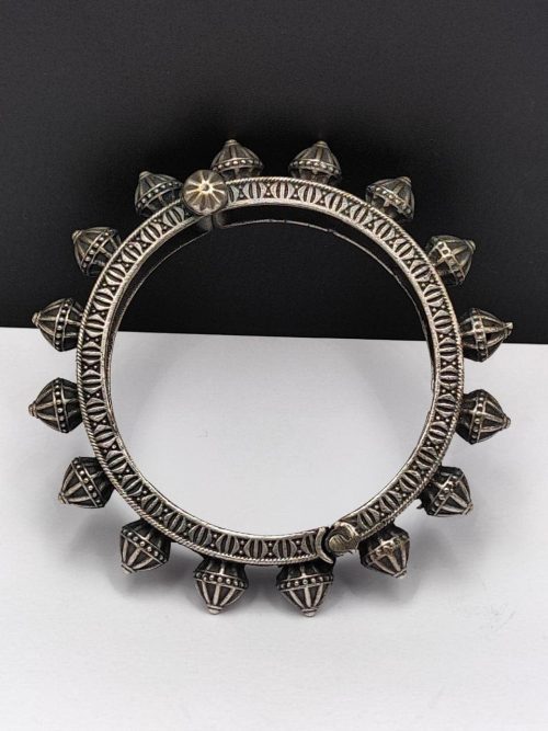 Traditional Silver Replica Kada Bangle | Antique Free Size Bracelet - Image 2
