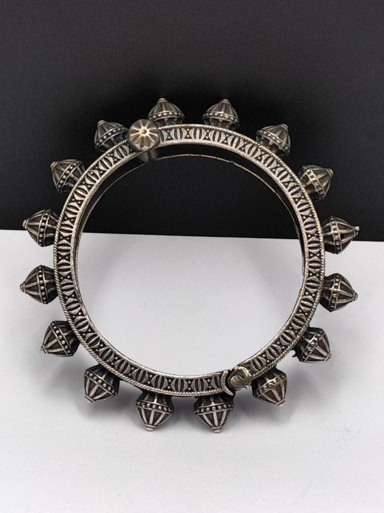 Traditional Silver Replica Kada Bangle | Antique Free Size Bracelet