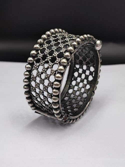 Traditional Antique Silver Bangle | Oxidised Indian Style Free Size Cuff Bracelet - Image 3